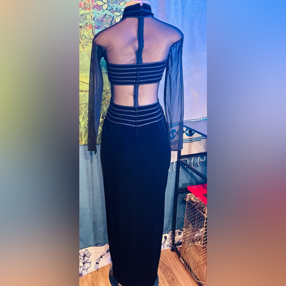 SALENOW•Cache Black Sheer-Panel Long Sleeve Cutout Velvet & Chiffon Gown - Picture 4 of 10